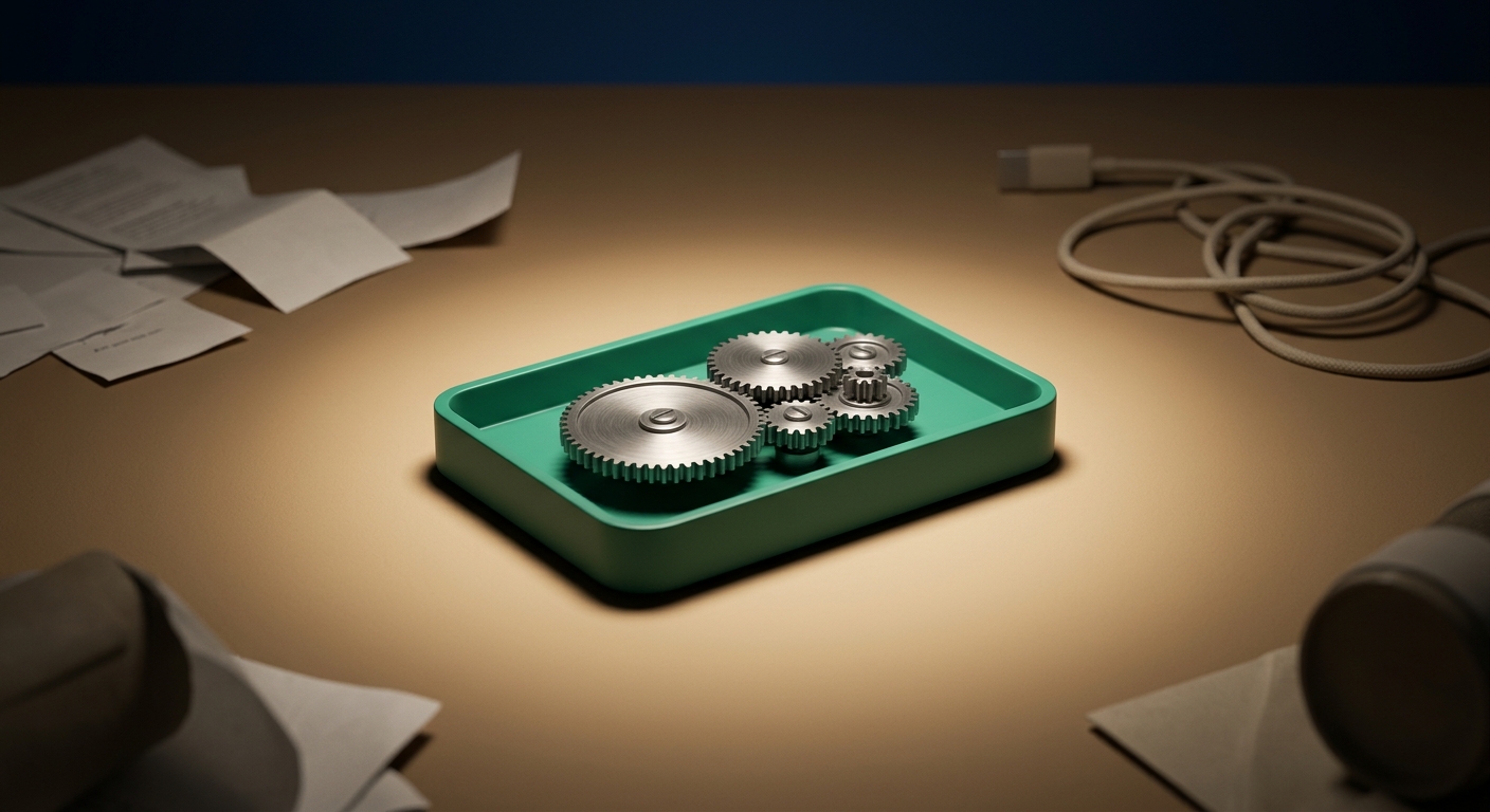A single illuminated green tray holding interlocking working gears in sharp focus, surrounded by softly blurred idle objects representing untested experiments.