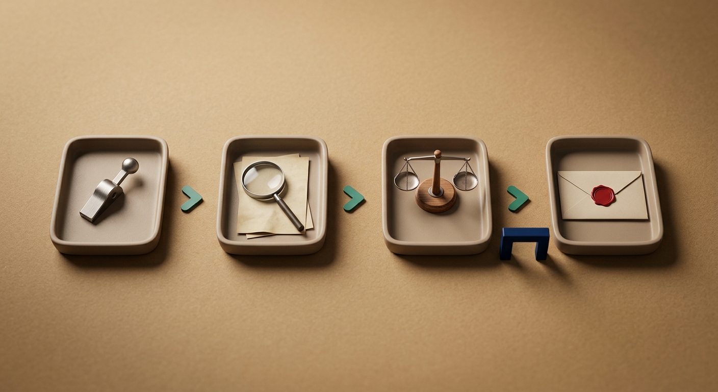 Four staged trays arranged left to right with objects representing trigger, extraction, validation, and output stages, connected by green arrows with a review checkpoint token.