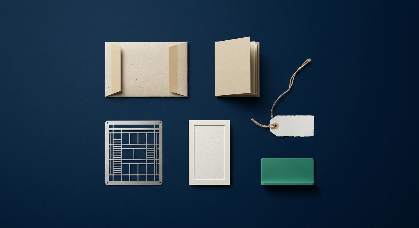 Flat-lay still-life of six distinct objects representing operational AI inputs arranged in an orderly grid on a deep blue surface.
