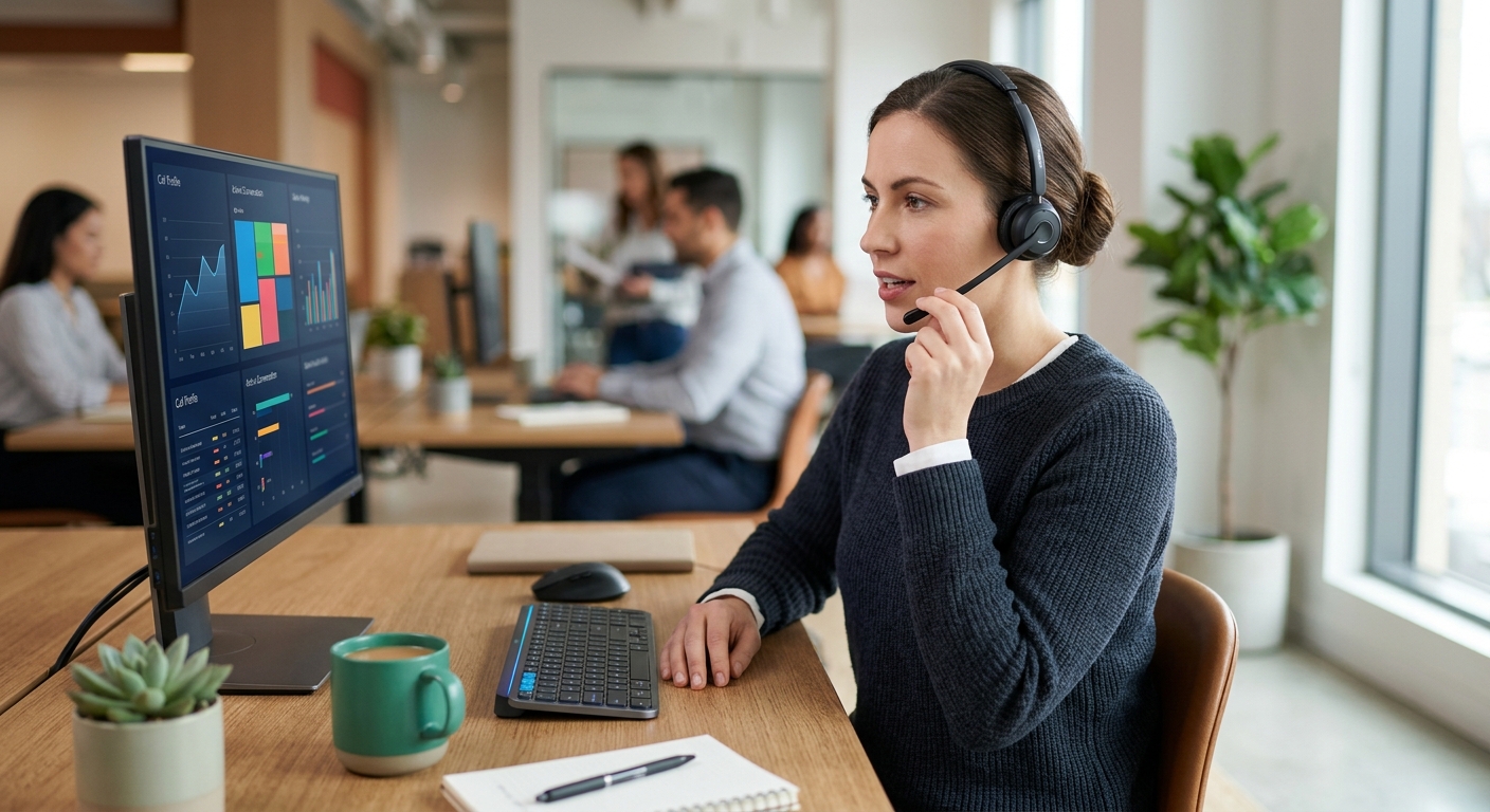 A focused staff member wearing a headset at a tidy modern desk, calmly handling a call with caller details on a glowing monitor.