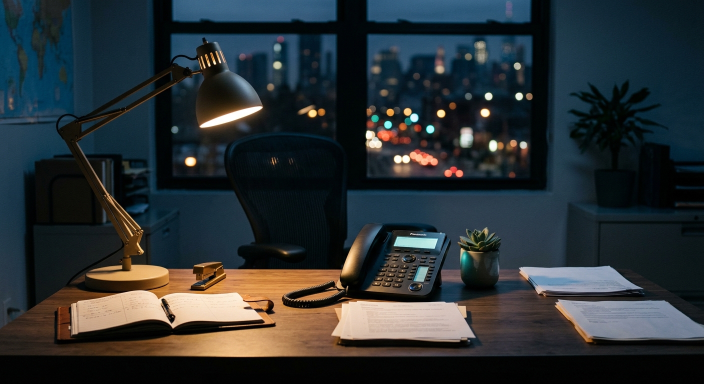 An empty small-business front desk after hours with a glowing phone showing a missed call, lit by a single warm lamp.
