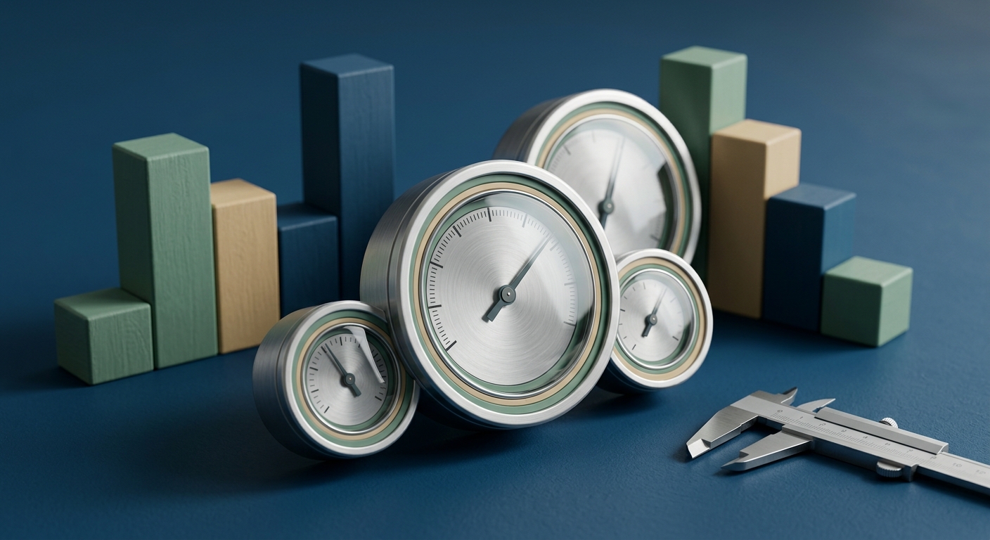 A cluster of analog precision gauges and small bar-chart blocks staged on a deep blue surface, representing post-deployment metrics and system health monitoring.