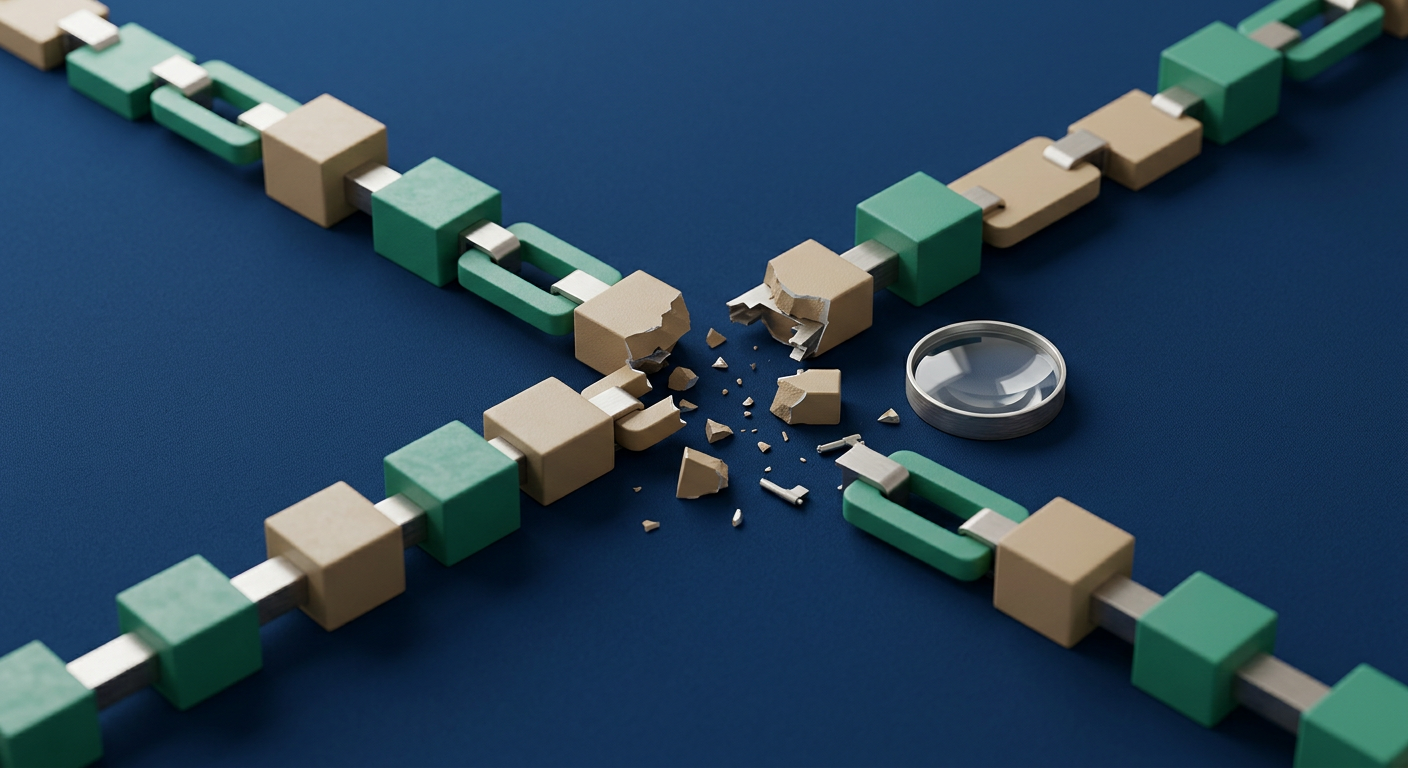 A staged chain of connected blocks with one broken link in the middle and a magnifying lens beside it, representing workflow failure points spotted early.