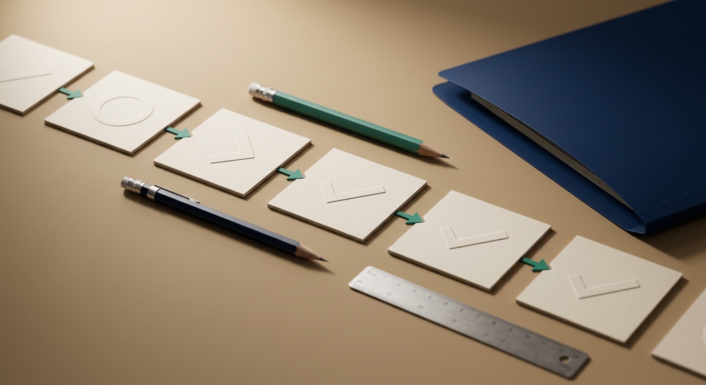 An orderly arrangement of sequenced planning cards connected by arrows, with a pencil, ruler, and folder, representing a pre-launch workflow checklist.