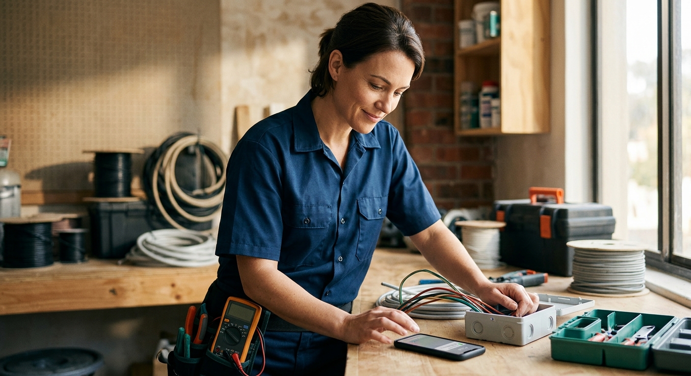 A focused small business professional working on-site while an incoming call is handled, illustrating the AI-first, human-when-needed model.