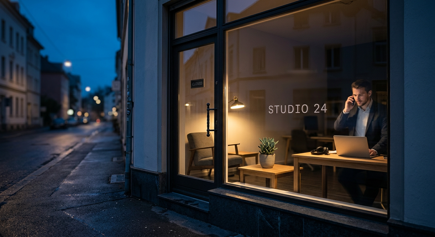 A small business storefront glowing warmly at night, illustrating after-hours call coverage.