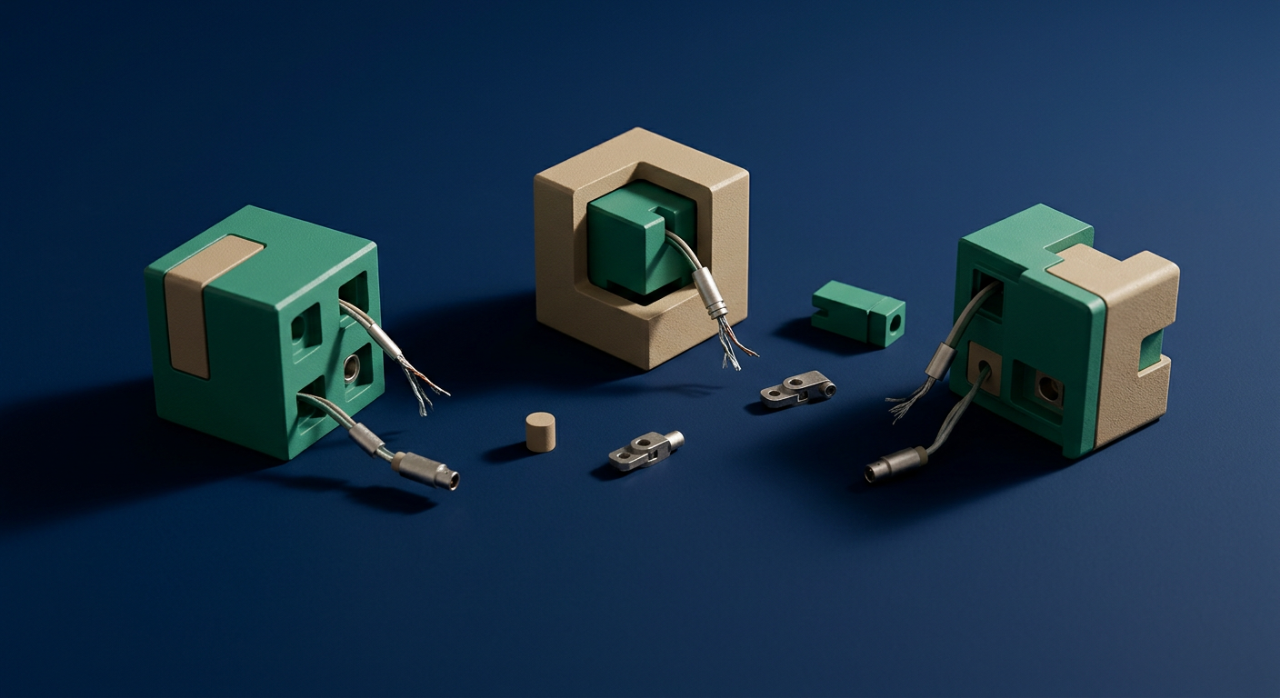Three scattered, disconnected modular blocks with dangling connectors and duplicate parts, illustrating context fragmentation across multiple AI tools.