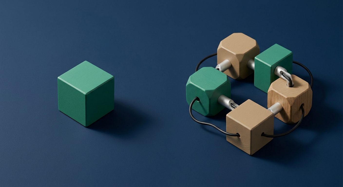 A single isolated block beside a chain of connected blocks, illustrating the choice between one tool and a connected AI stack.