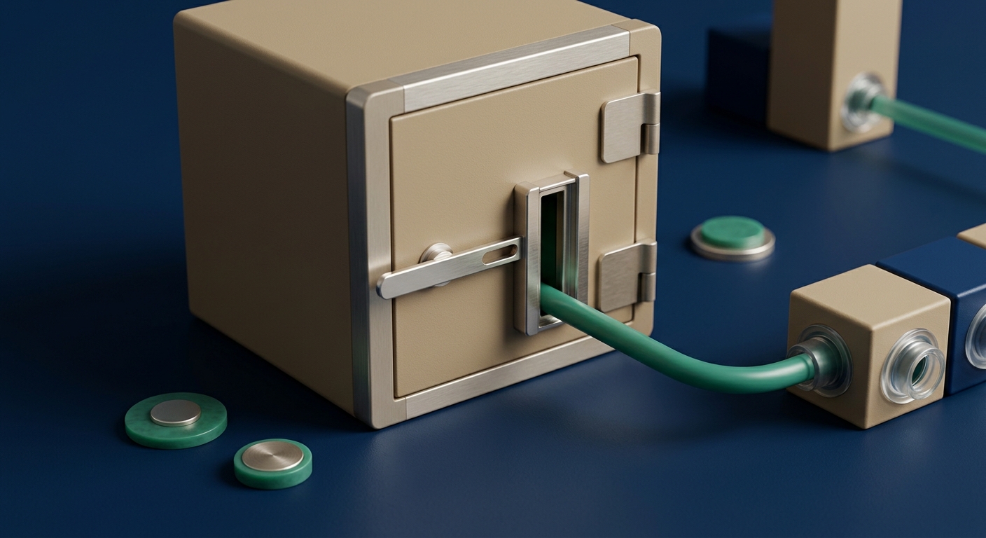 A sealed sand-colored container with a controlled green channel feeding external modules, illustrating governed data access and approved-tool controls.