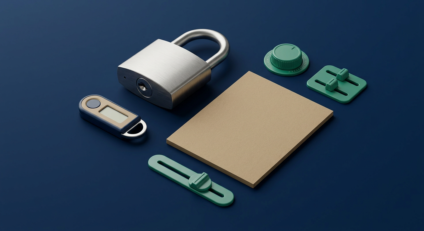 Still-life of a padlock, authentication token, checklist card, and control dials representing practical security steps.