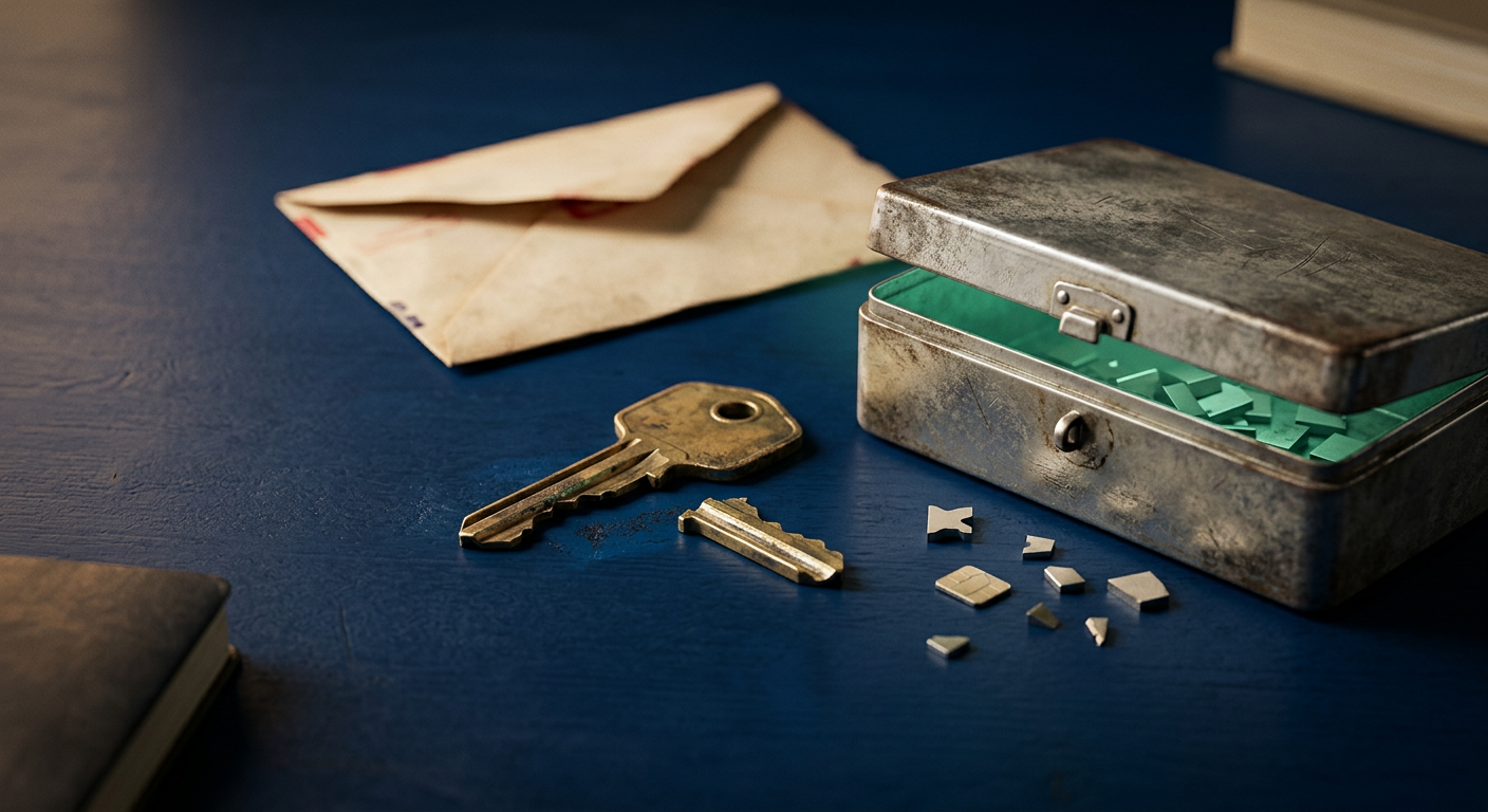 Still-life of an open envelope, a bent key, and an ajar data box symbolizing cybersecurity risks.