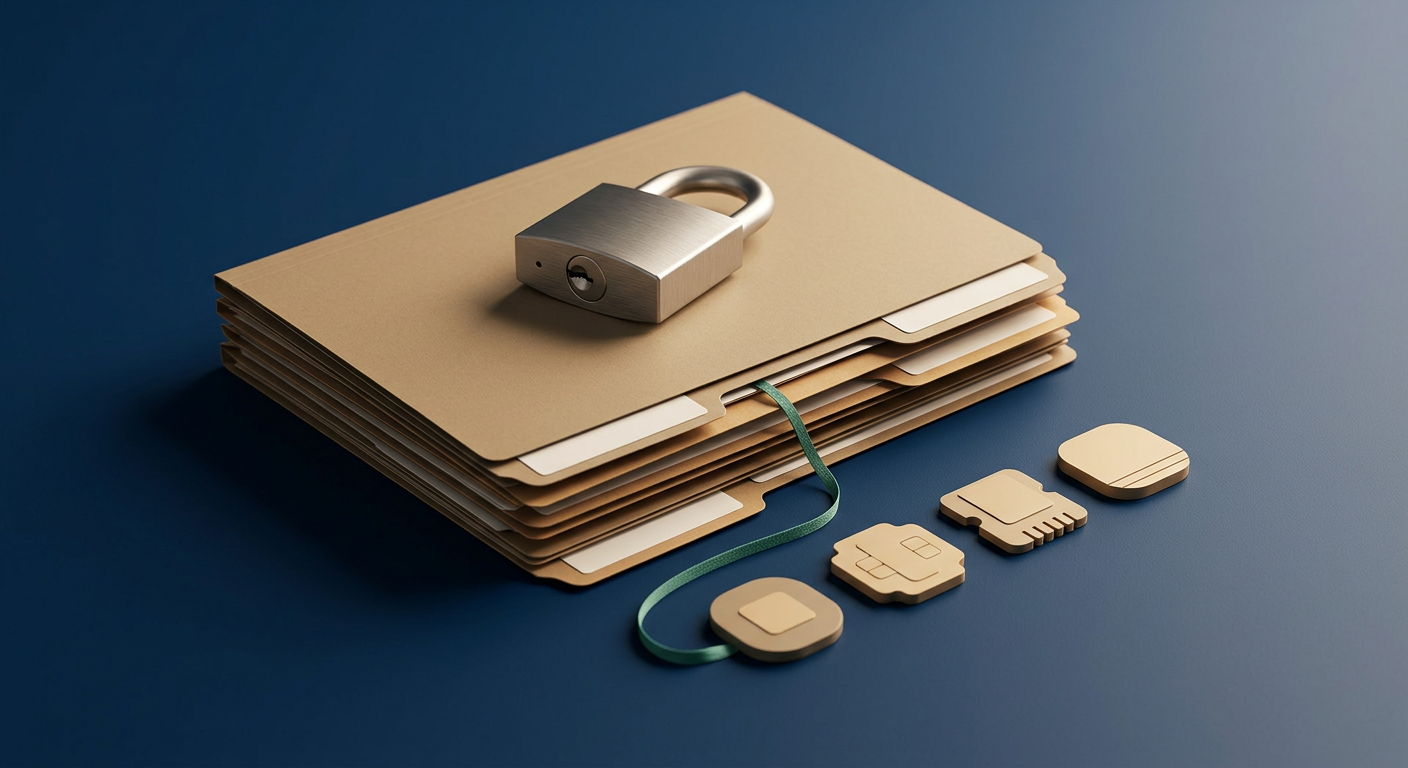 Still-life of neatly arranged folders, a padlock, and data chips representing responsible customer data handling.