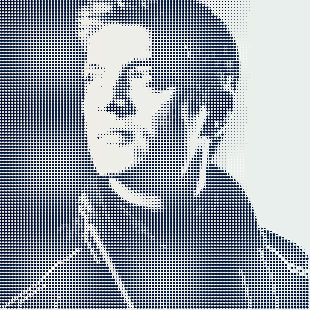 Halftone dot portrait of a person looking to the side with short hair and a jacket.