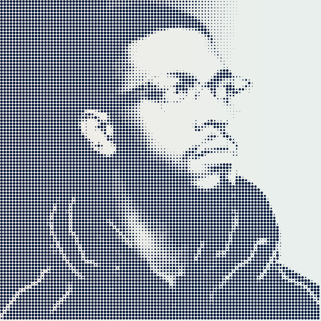 Halftone dot portrait of a person looking to the side with short hair and a jacket.