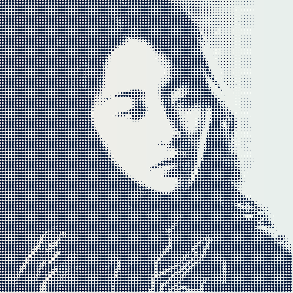 Halftone dot portrait of a person looking to the side with short hair and a jacket.