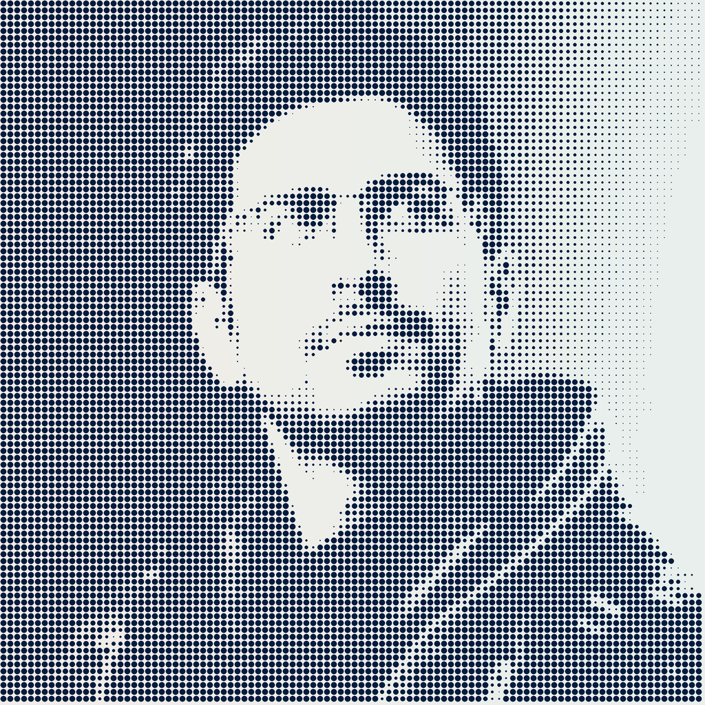 Halftone dot portrait of a person looking to the side with short hair and a jacket.