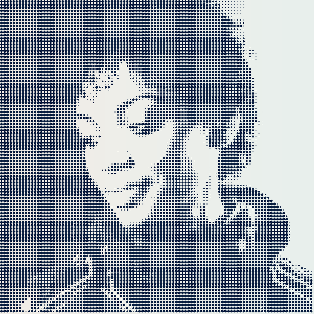 Halftone dot portrait of a person looking to the side with short hair and a jacket.