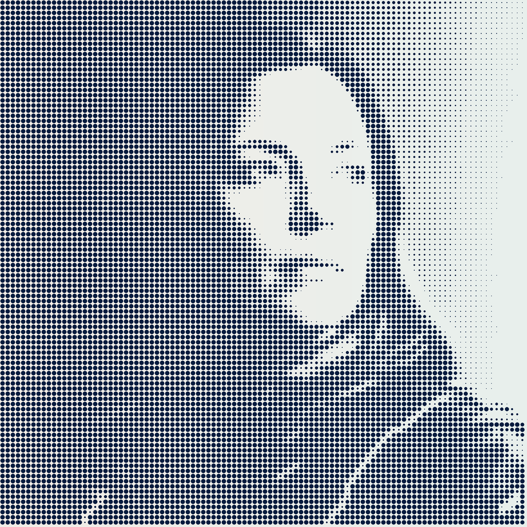 Halftone dot portrait of a person looking to the side with short hair and a jacket.