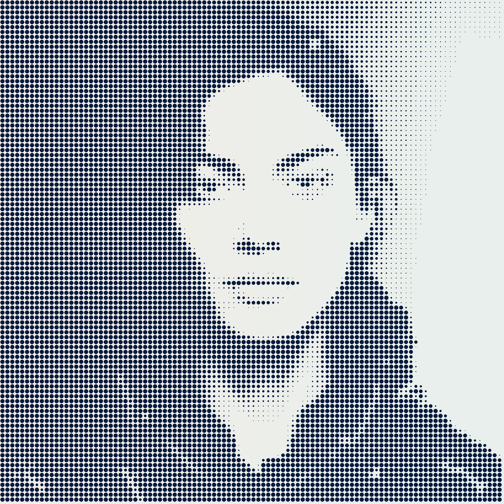 Halftone dot portrait of a person looking to the side with short hair and a jacket.