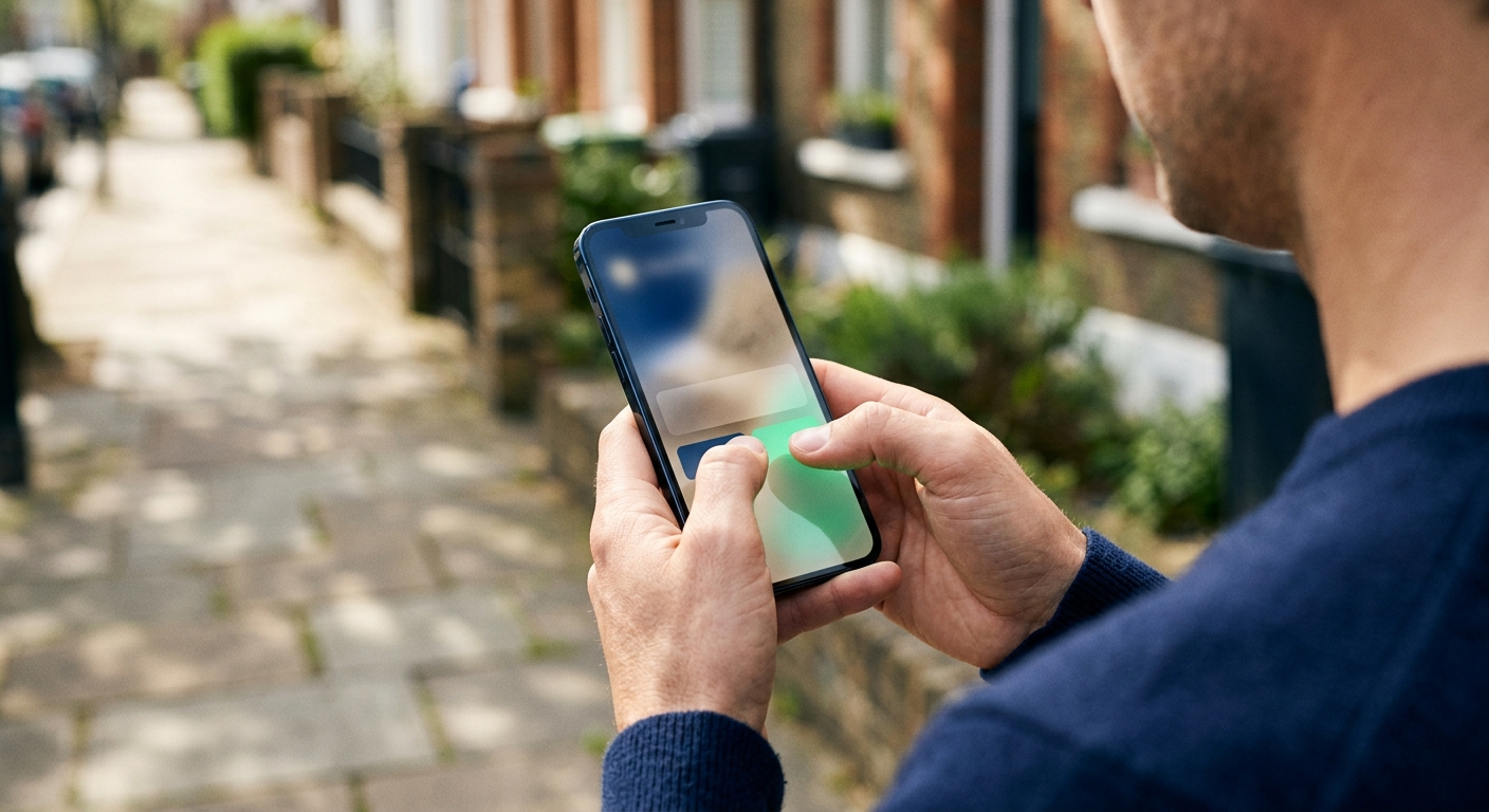 Close-up of hands using a smartphone outdoors to complete a quick mobile booking with a softly glowing interface.