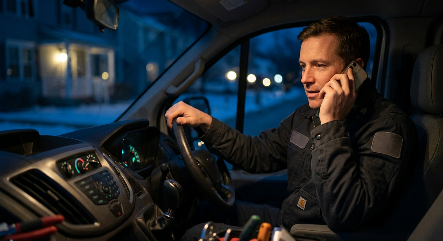 An HVAC technician in a service van at night calling a customer back, lit by warm dashboard and phone light.