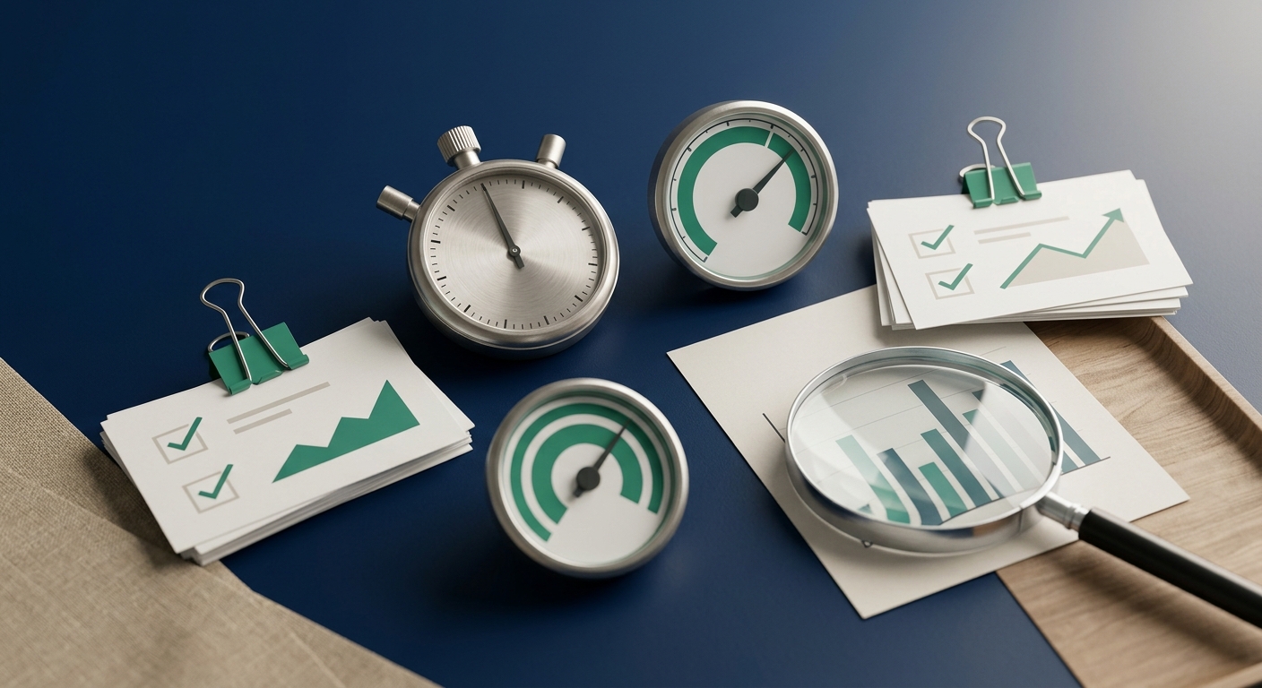 Still-life of a timer, performance gauge, magnifying glass and charts representing tracking and proving AI ROI metrics, in brand colors.