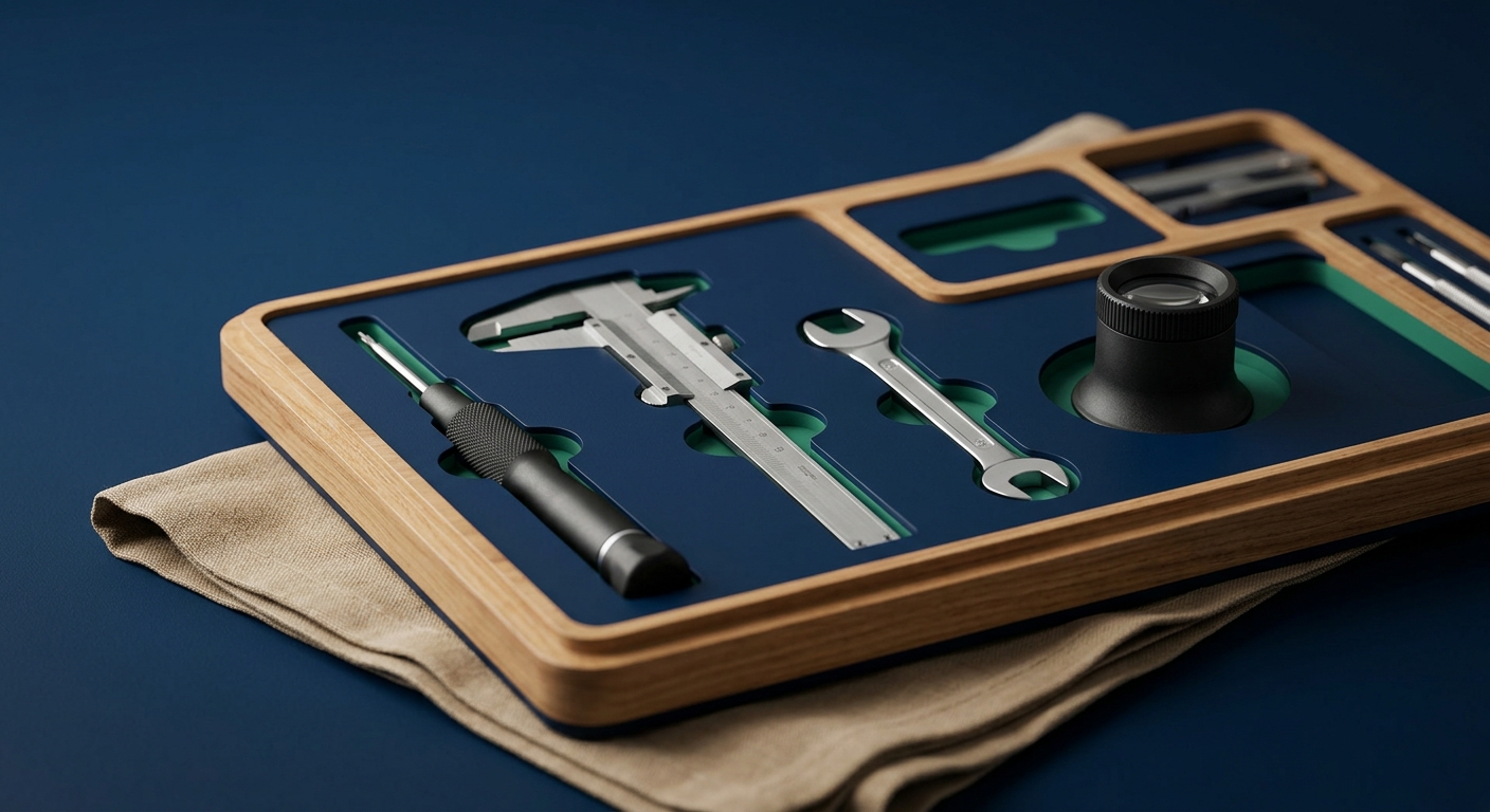 Precision hand tools arranged in dedicated slots of a tray, illustrating matching the right AI tool to each workflow type, in brand colors.
