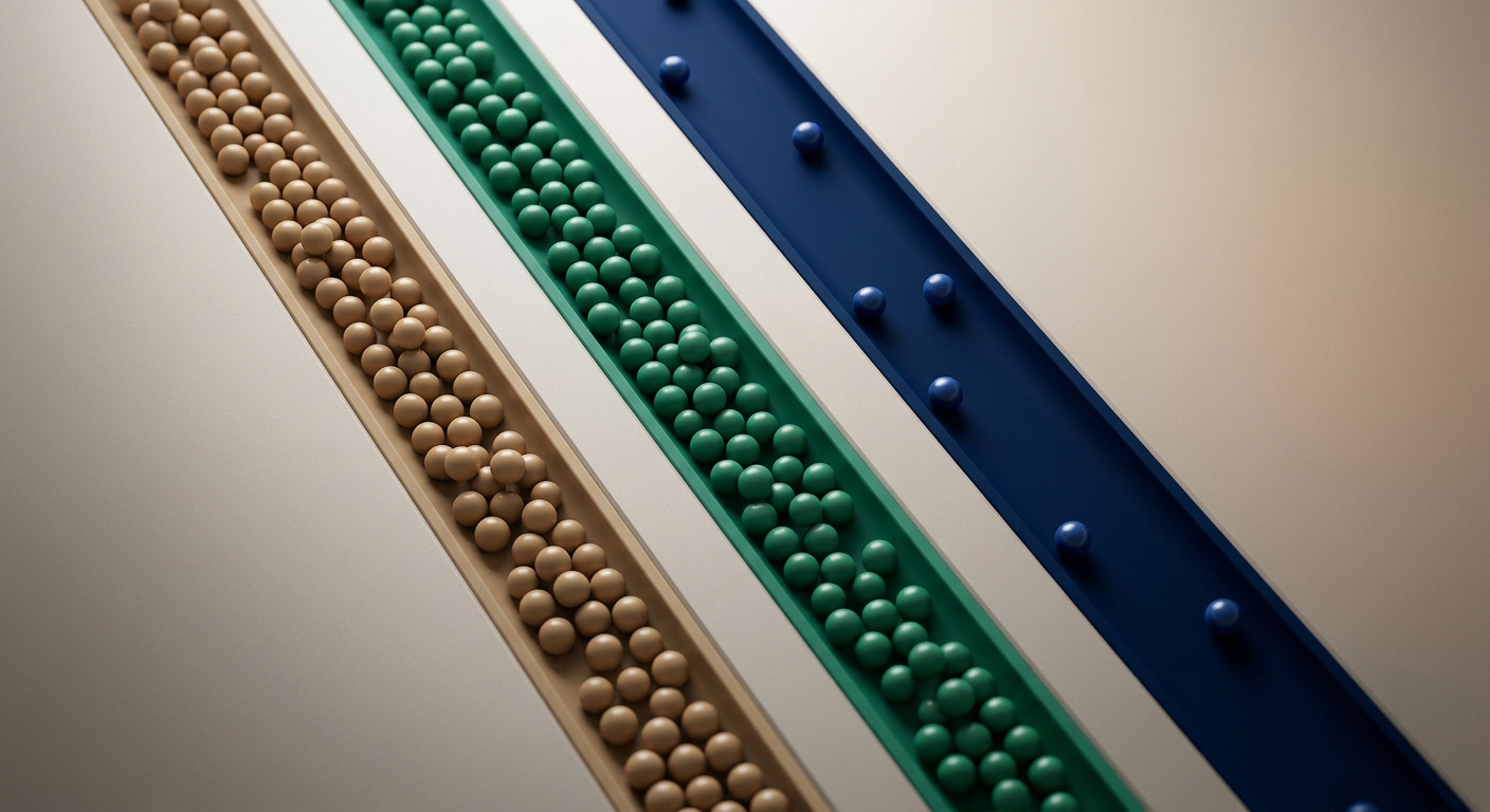 Three colored lanes—sand, green, and blue—with spheres flowing through them, most in the cheaper lanes and few in the premium lane, illustrating tiered model routing.