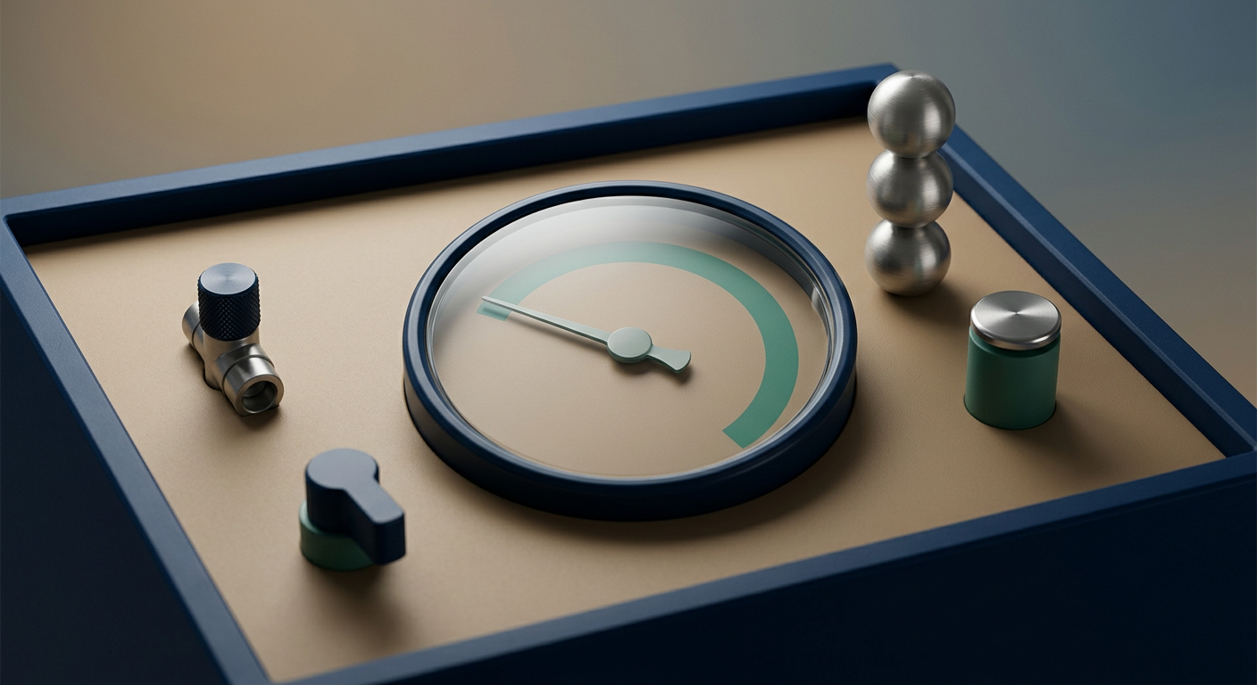 An analog gauge with a steady needle surrounded by tidy control elements in brand colors, illustrating predictable, well-managed AI cost controls.