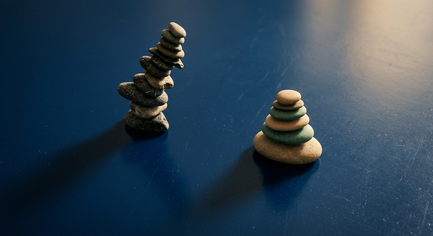 A low, stable stack of stones beside a tall precarious stone tower, representing choosing a safe, low-blast-radius first workflow over a risky one.