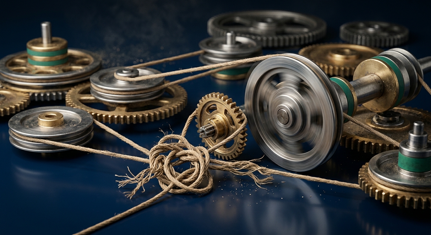 Interconnected brass gears linked by cords, with one gear spun loose and tangling the cords, illustrating recursive errors and brittle system coordination.