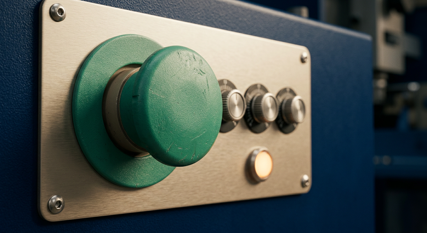 A tactile eucalyptus-green emergency stop button on a brushed-metal panel beside limit dials and an indicator light, representing kill switches and hard limits.