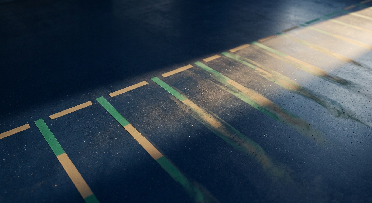 Painted boundary lines on a dark floor that begin crisp and gradually blur and overrun their edges, representing automation drift.