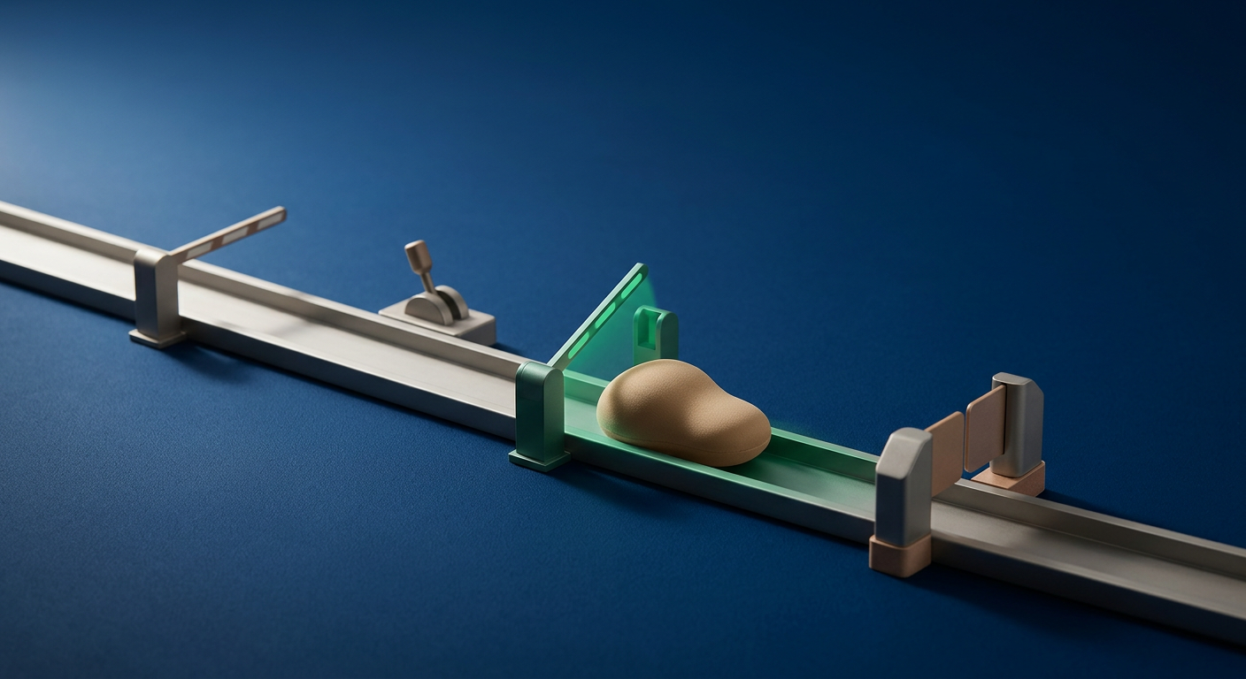 A flowing channel with a series of gate-like checkpoints, one raised in green light to let a sand-colored object pass safely, representing approval gates, overrides, and rollback safeguards in a governed AI workflow.