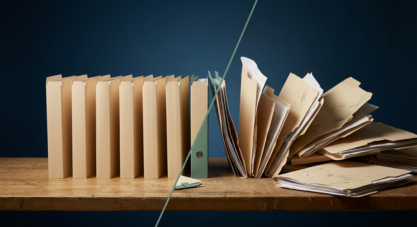 A split workbench scene contrasting neatly arranged clean folders on the left with chaotic spilling papers and a missing folder on the right, representing clean demo data versus messy production inputs.