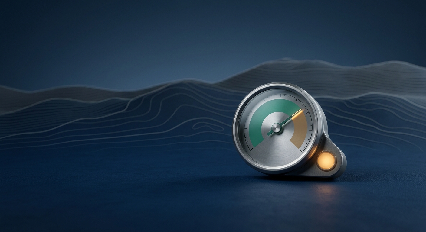 A staged monitoring gauge with its needle in a green safe zone next to an amber warning indicator just beginning to glow, against contour lines suggesting tracked trends, representing ongoing AI performance observability after deployment.
