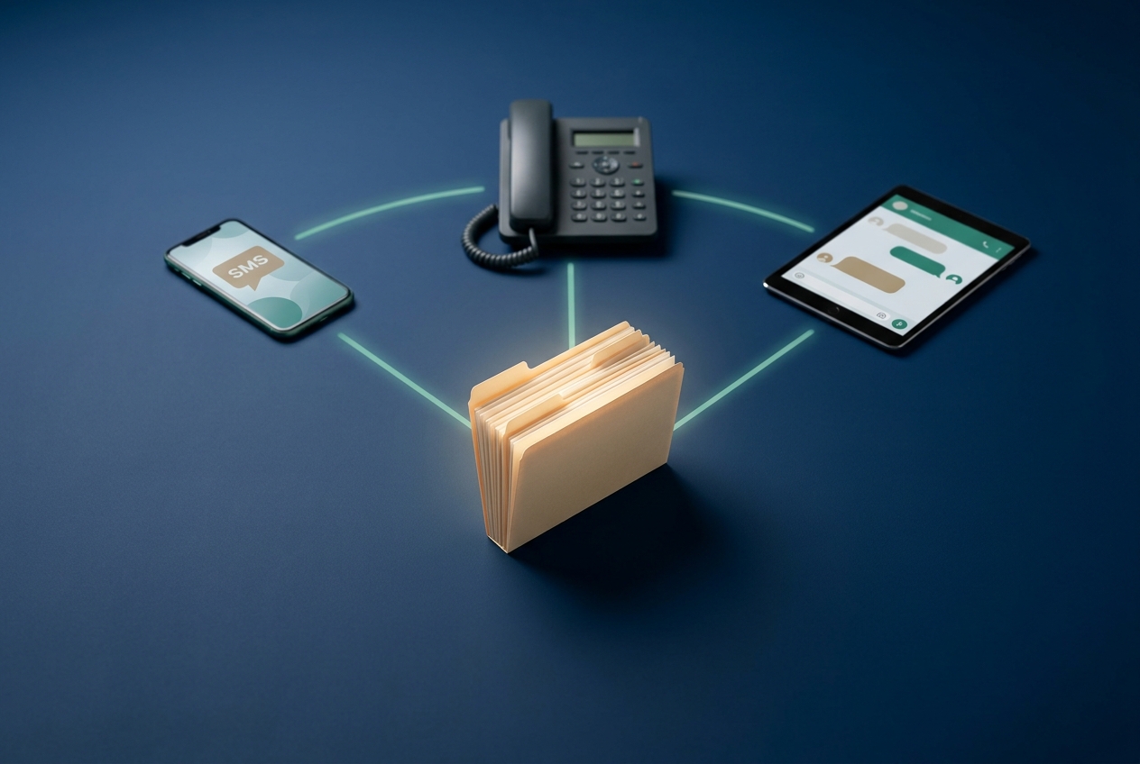 A phone, handset, and tablet connected by glowing green light trails converging into a single record, representing unified channels.