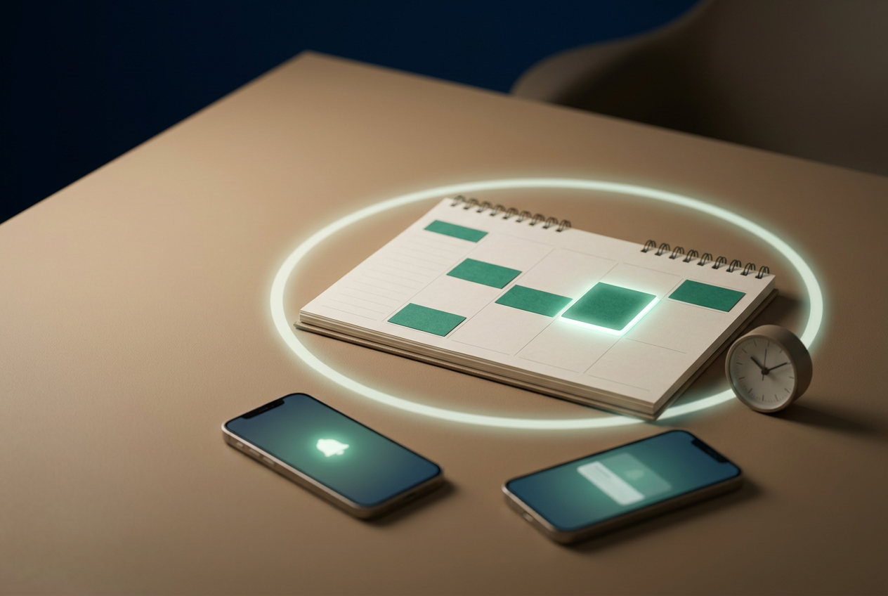 An open planner with a glowing appointment slot and a phone showing a reminder, representing protected bookings.
