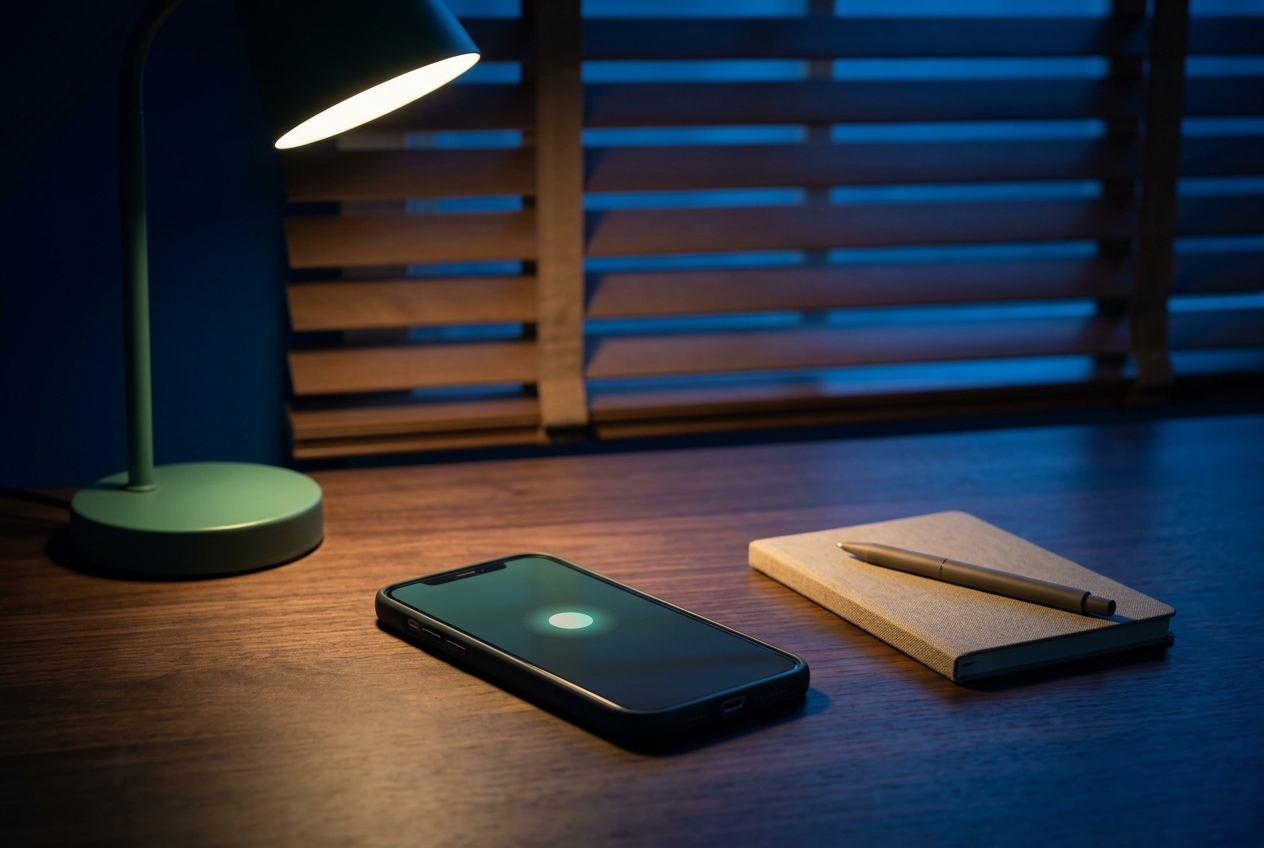 A glowing phone on a dark desk lit by a warm lamp at night, representing after-hours call coverage.