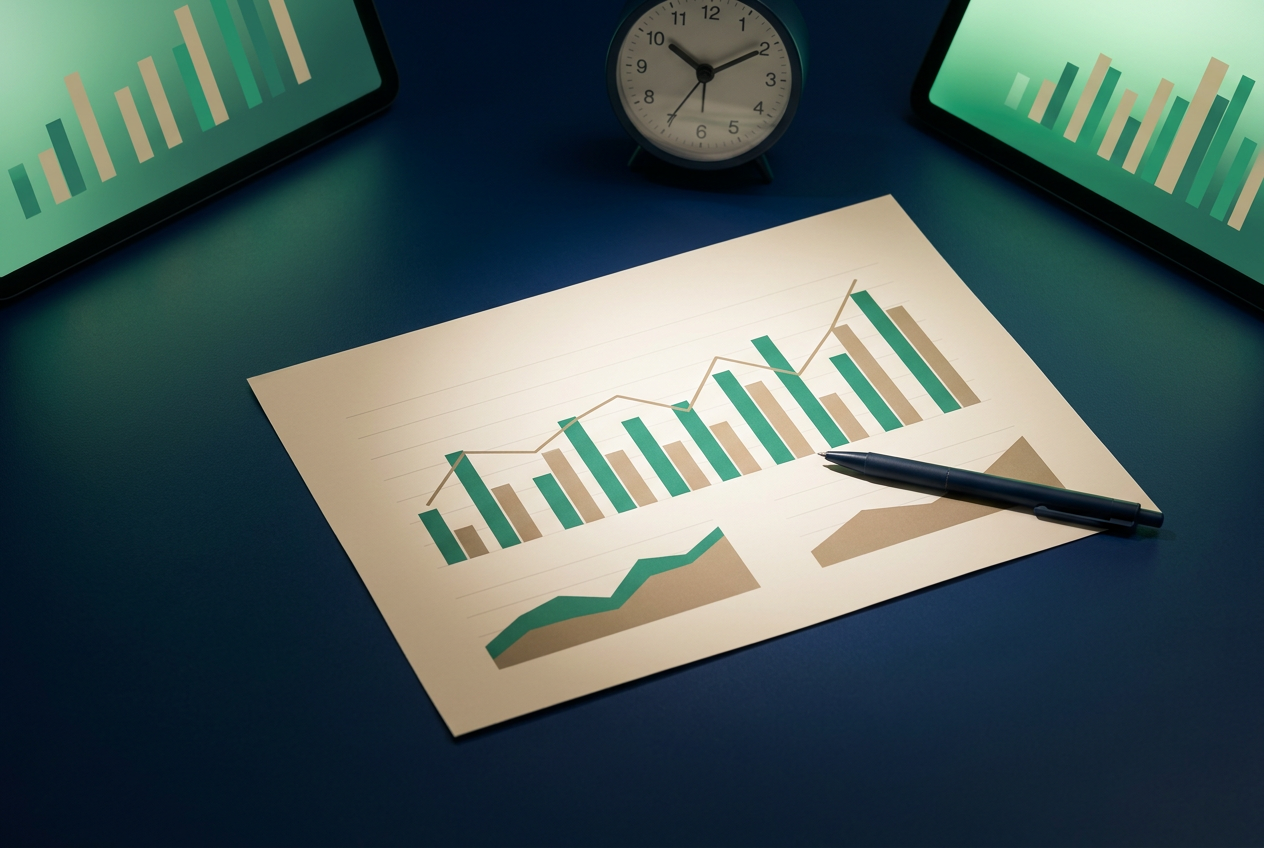 A printed analytics report with abstract charts, a pen, and a small clock, representing a weekly metrics review.