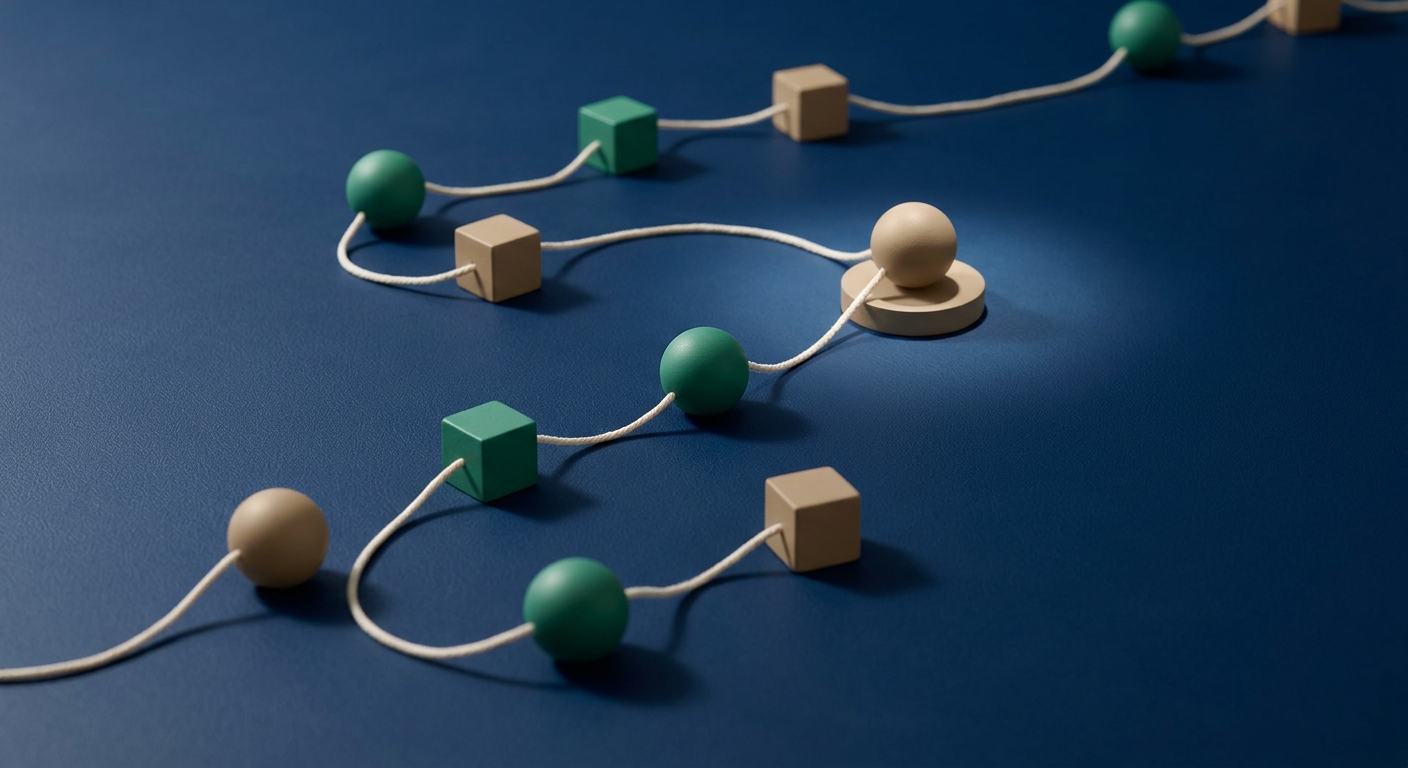 A row of small green and sand-colored nodes linked by a single thread across a deep blue surface, one node spotlit, symbolizing a traceable audit trail across multiple AI agents.