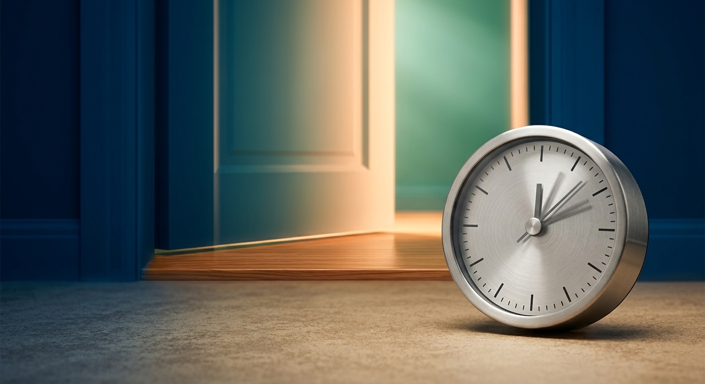 A stopwatch mid-sweep in the foreground with a glowing open doorway spilling warm green light into a deep blue room, symbolizing instant lead response speed.