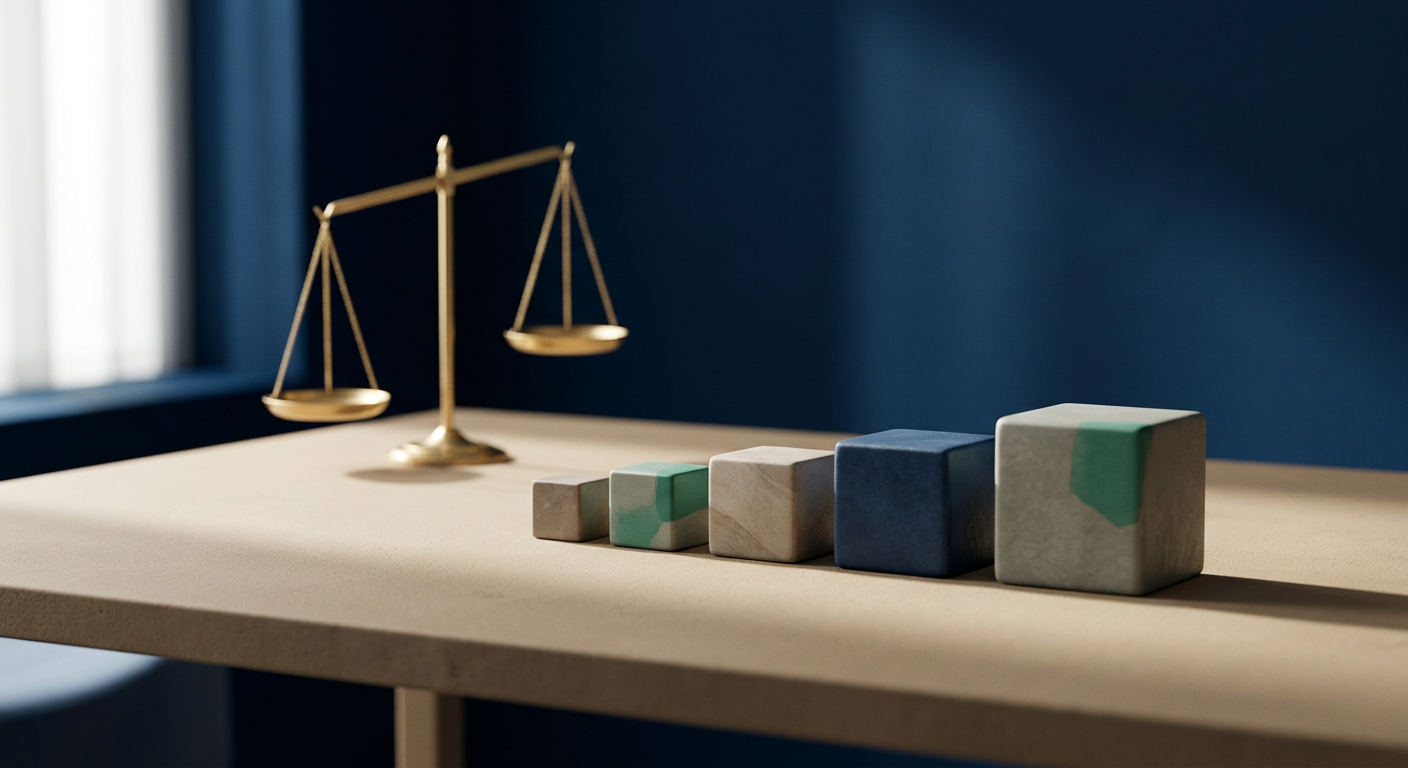 Five smooth blocks arranged in a row beside a brass balance scale on a sand-toned surface with deep blue shadows, symbolizing a five-dimension decision framework.