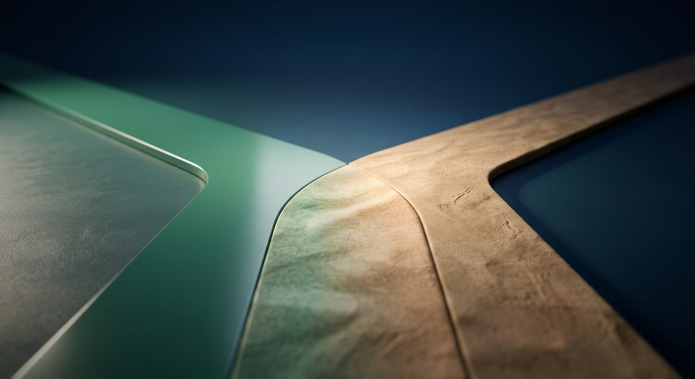 Two textured lanes, one sleek green and one warm sand, converging into a single warmly lit path against a deep blue background, symbolizing AI, human, and hybrid options merging.