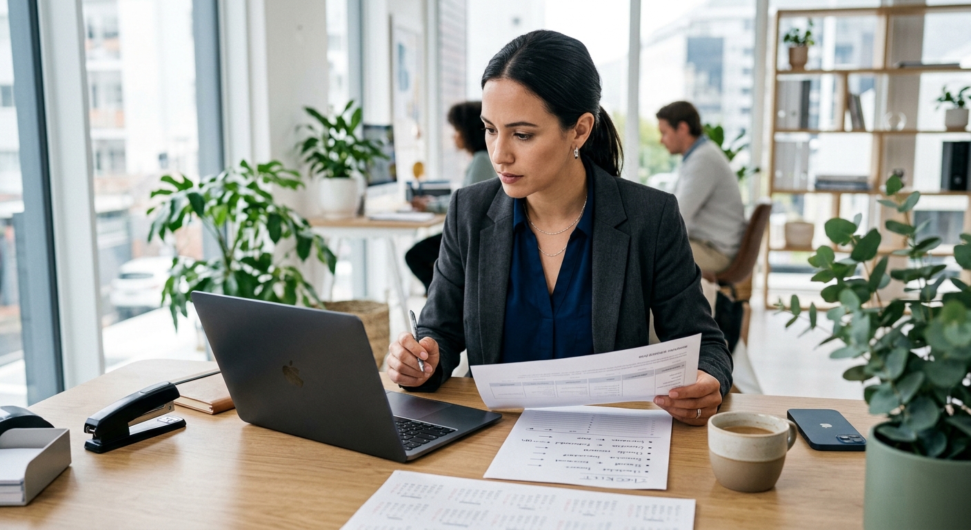A small business operator reviewing a workflow plan and laptop at a desk while preparing a careful phased system rollout.