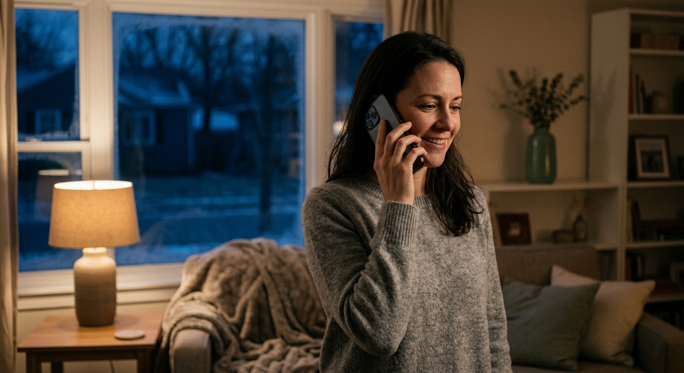 A homeowner on the phone at night, relieved as an after-hours AI line books an emergency service appointment.