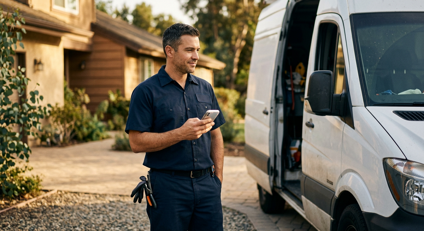A field service technician beside a work van checking a smartphone for an incoming lead, illustrating channel and workflow routing.