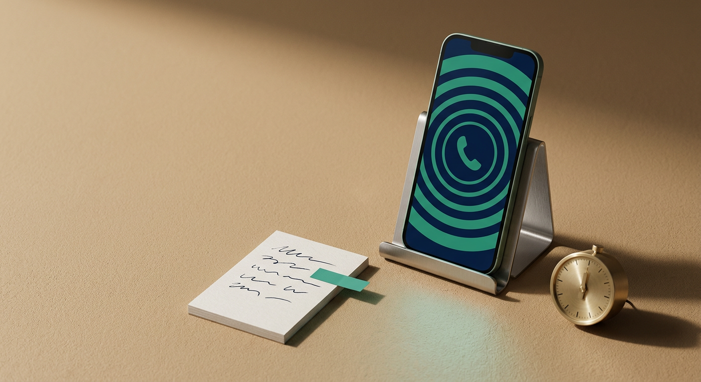 An upright smartphone showing a glowing incoming-call ripple graphic beside a notepad and small clock on a sand-colored desk.