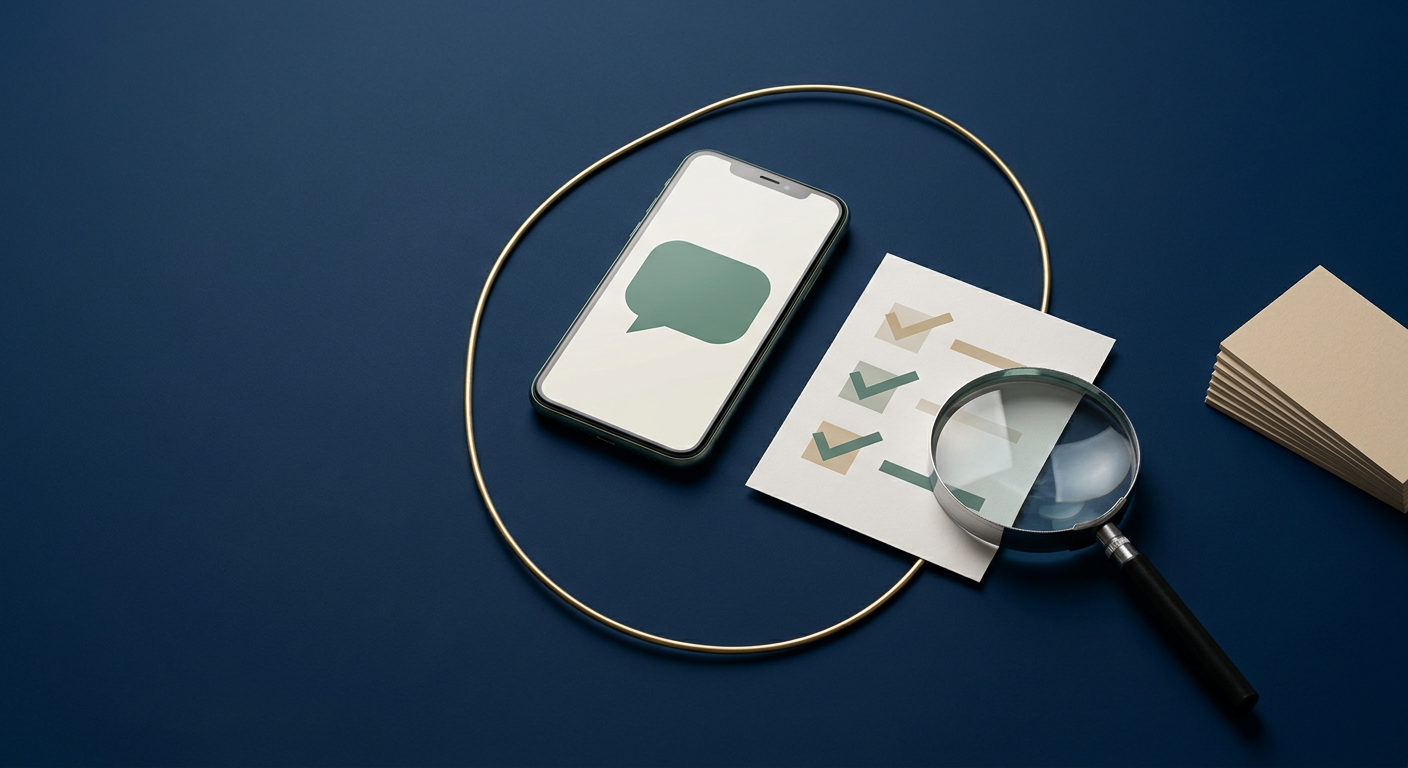 A magnifying glass over a checklist card beside a smartphone and a looping brass wire, representing a quality-check feedback loop.