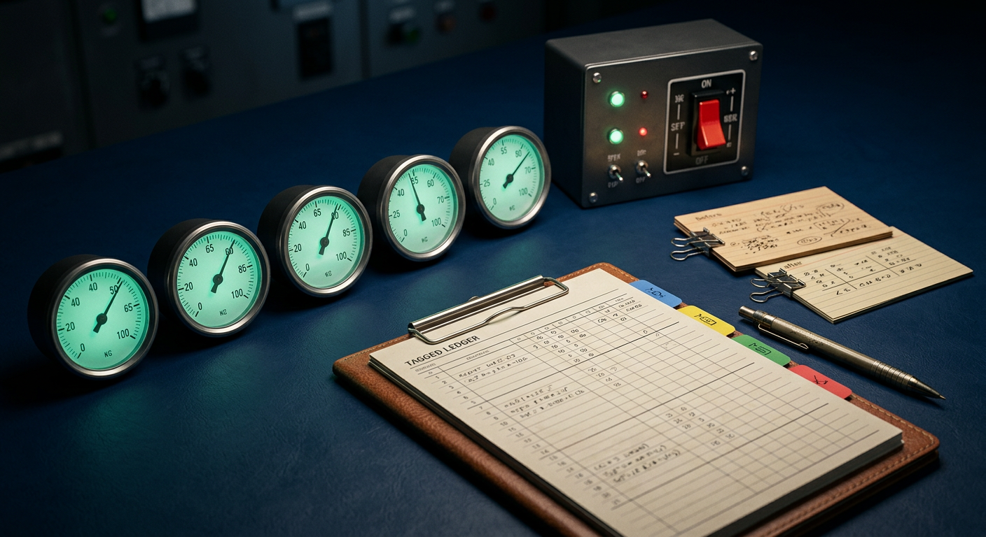 A control panel of analog gauges, indicator lights, a red safety toggle and a tabbed version ledger, illustrating safeguards and per-step instrumentation for AI workflows.